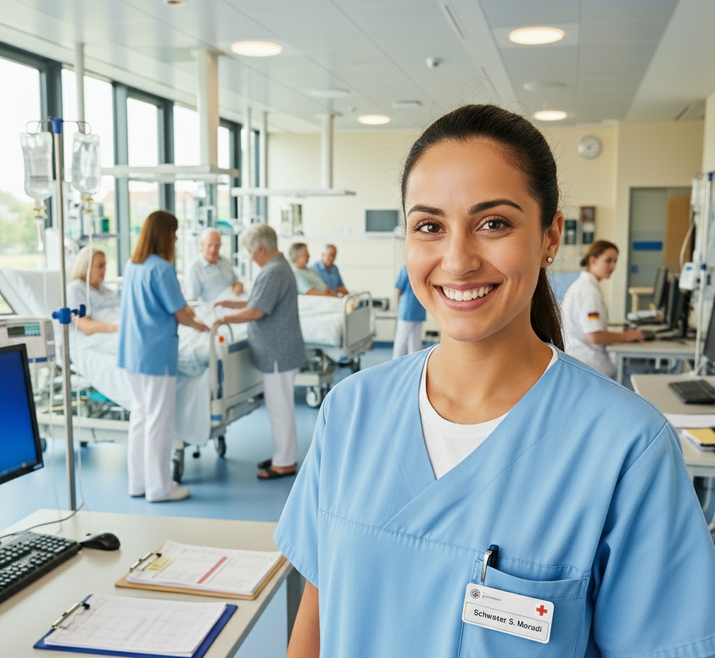 Smiling international nurse working in a German hospital